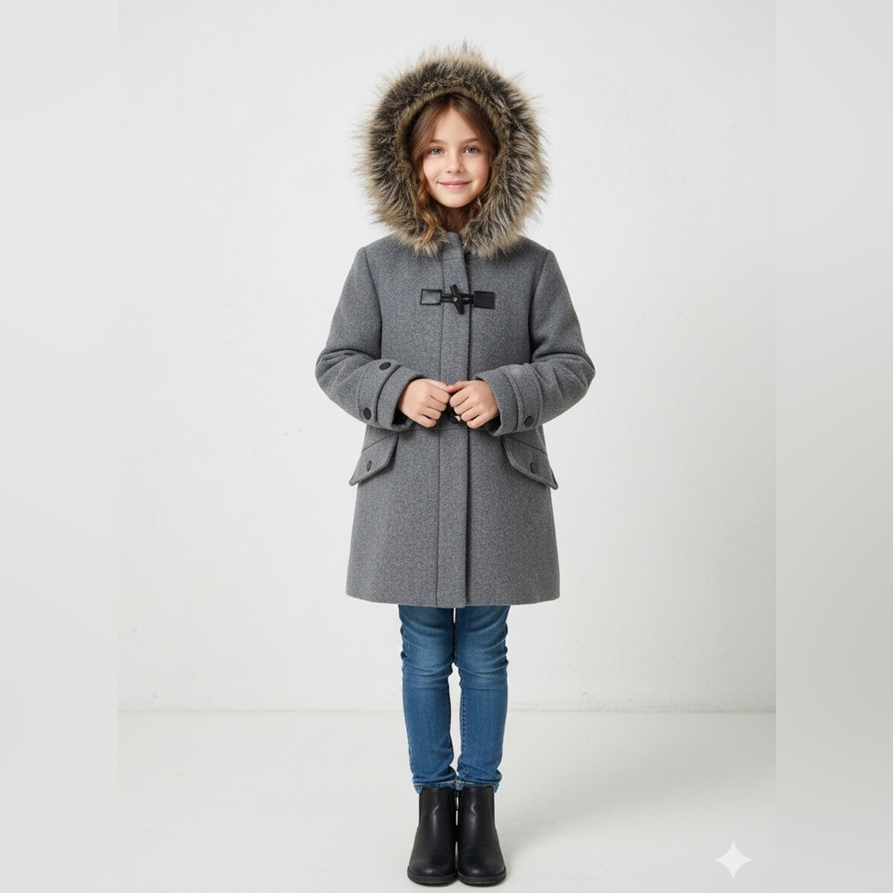 Zara Gray Kids Puffer Coat with Faux Fur Hood